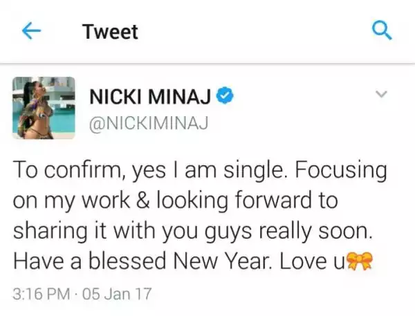 Finally over! Nicki Minaj tweets she is single